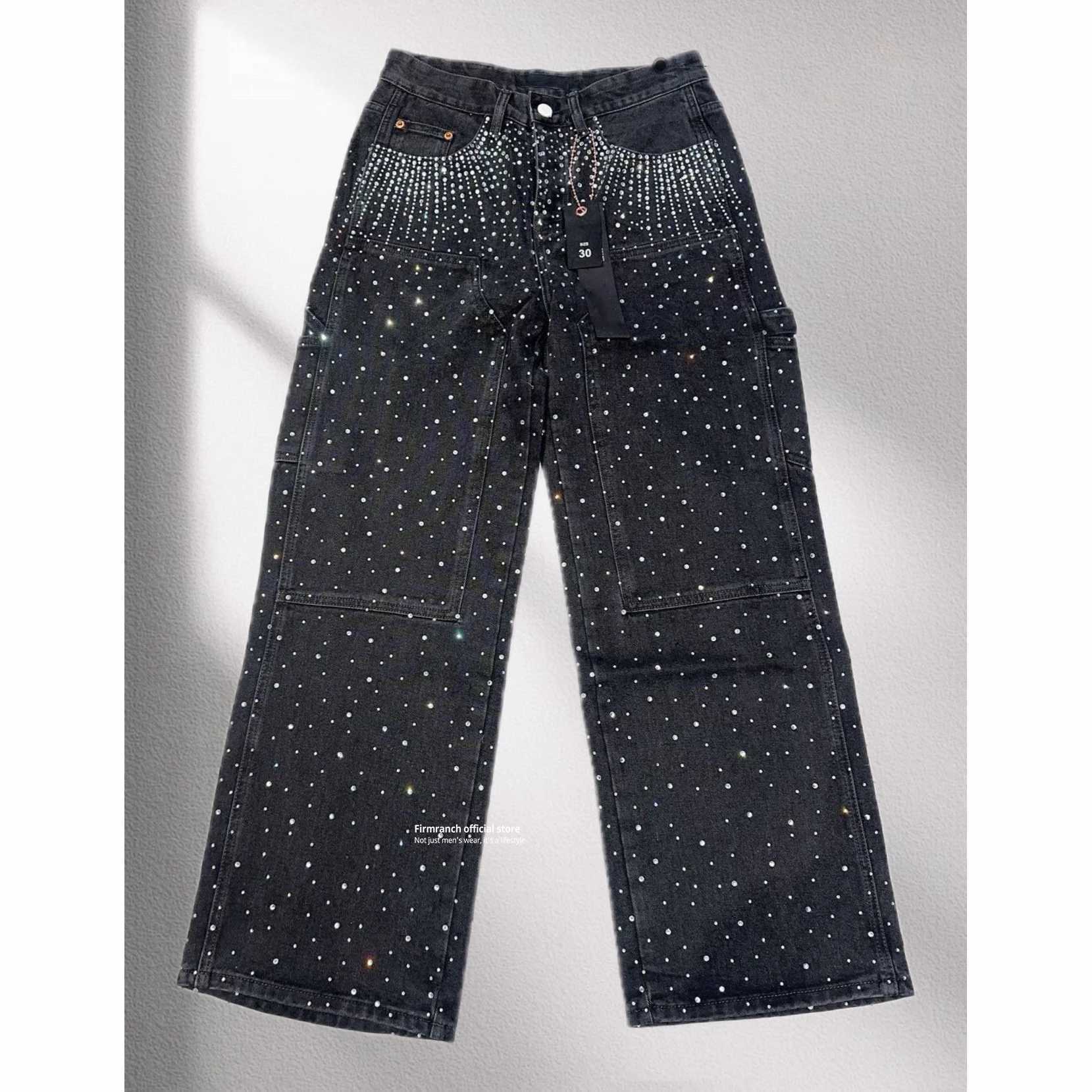 Firmranch New Sparkle Full Rhinestone Denim Pants For Men Women High Street Black Blue Shining Jeans Wide-leg Trousers Z250605