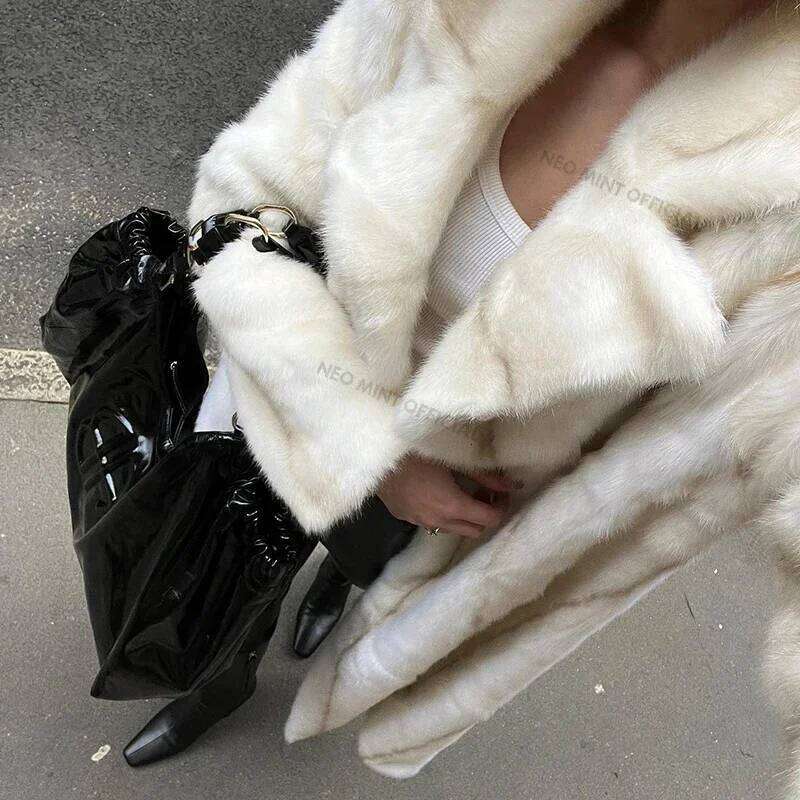 Neo Mint 2024 Winter Quality Long Faux Mink Coat Women High Street Furry Fur Jacket Brand Outerwear Overcoat