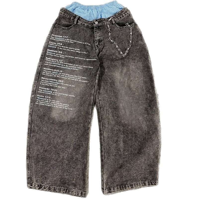 Y2K Harajuku Hip Hop Streetwear Loose Letter Print Double Waist Jeans Wide Leg Pants