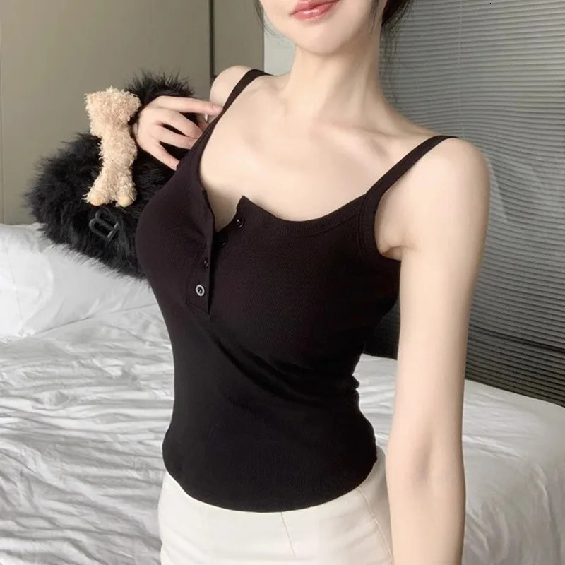 Button Bra Top Solid Color Slim Fit Thin Strap Tank Tops Women Summer Casual Sleeveless T-Shirt Vest with Chest Pads 250605