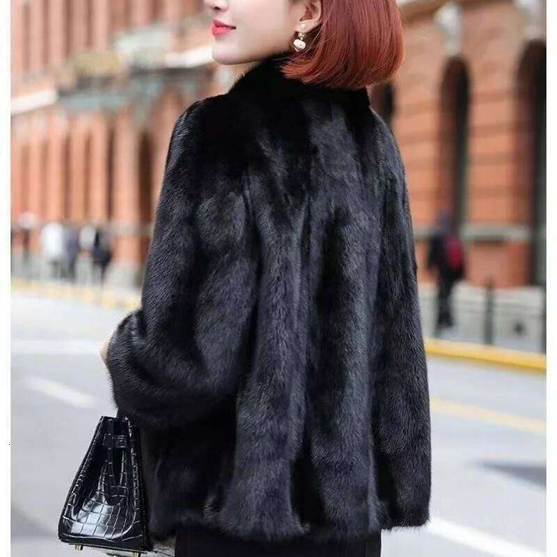 Women's New Imitation Mink Coat Slim Stand Collar Short Black Fur Jacket Autumn Winter Loose Ladies Soft Faux Plush Overcoat