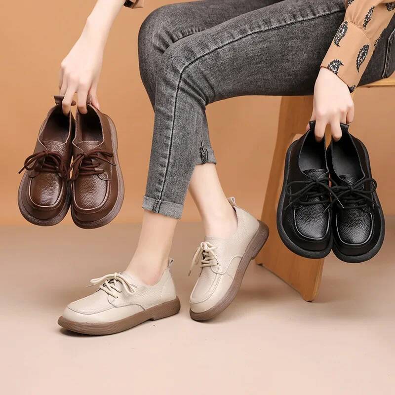 Ddmyoutdoor Spring New Women Genuine Leather Retro Fashion Loafers Soft Bottom British Comfortable Lace Up Anti Slip Casual Shoes Outdoor Shoes