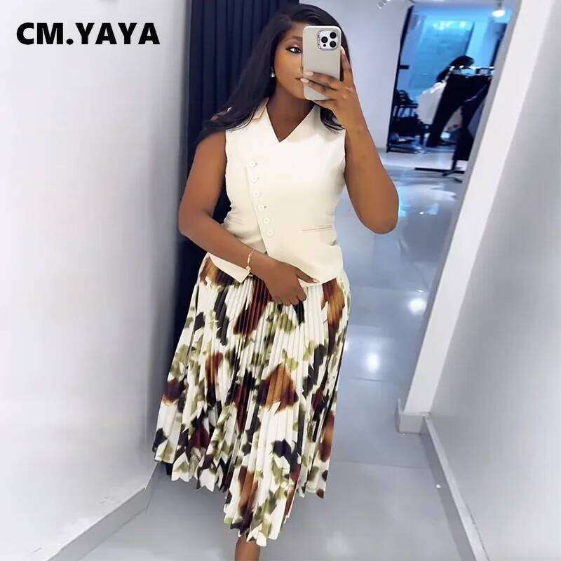 CM.YAYA Women Set Street Sleeveless V-Neck Button Tops +long Pleated Skirts Suits Two 2 Piece Sets Summer OL Fiess Tracksuits