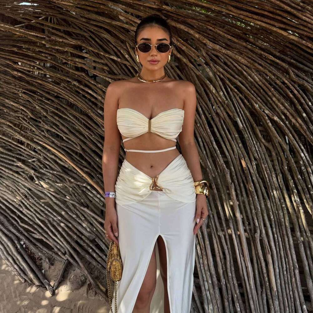 3Pcs Crochet Bikini With Long Skirt Sexy Swimsuit Women Swimwear Female Bandage Biquini White Swimming Suit Bodysuit Beachwear