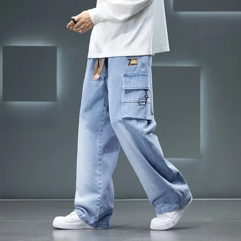 8XL Jeans Wide Leg Washing Pants Men Trousers Neutral Solid Color Loose Casual Korean Fashion Pocket Plus Size Cargo Pant 250605