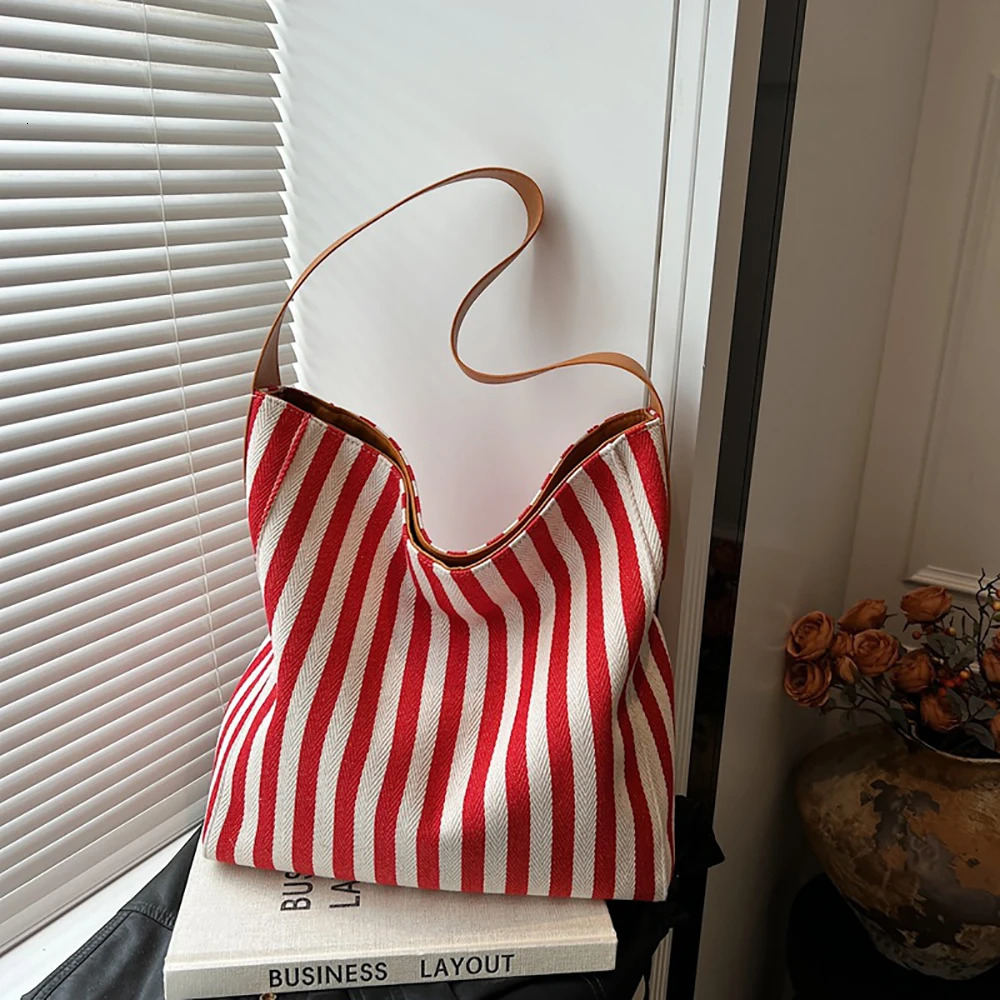 Striped Tote Bag Women Casual Contrast Color Large Capacity Buckle Versatile Shoulder Bags Commute Underarm Packs 250605