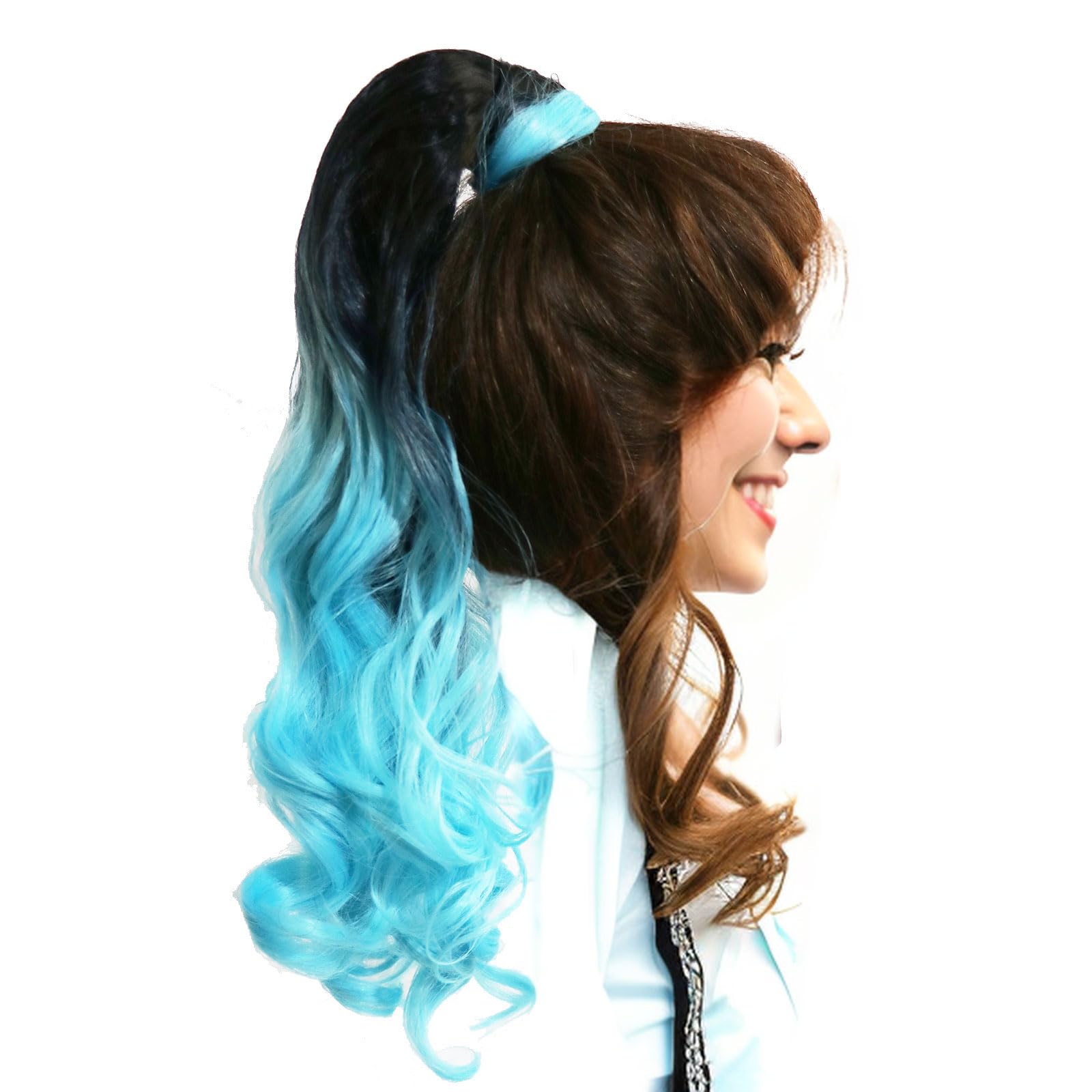 LeeWin Ombre Color Ponytail Extension Wrap Around Magic Sticky Long Curly Wave Hair Extensions Synthetic Pony Tail Hairpiece for Women Girls