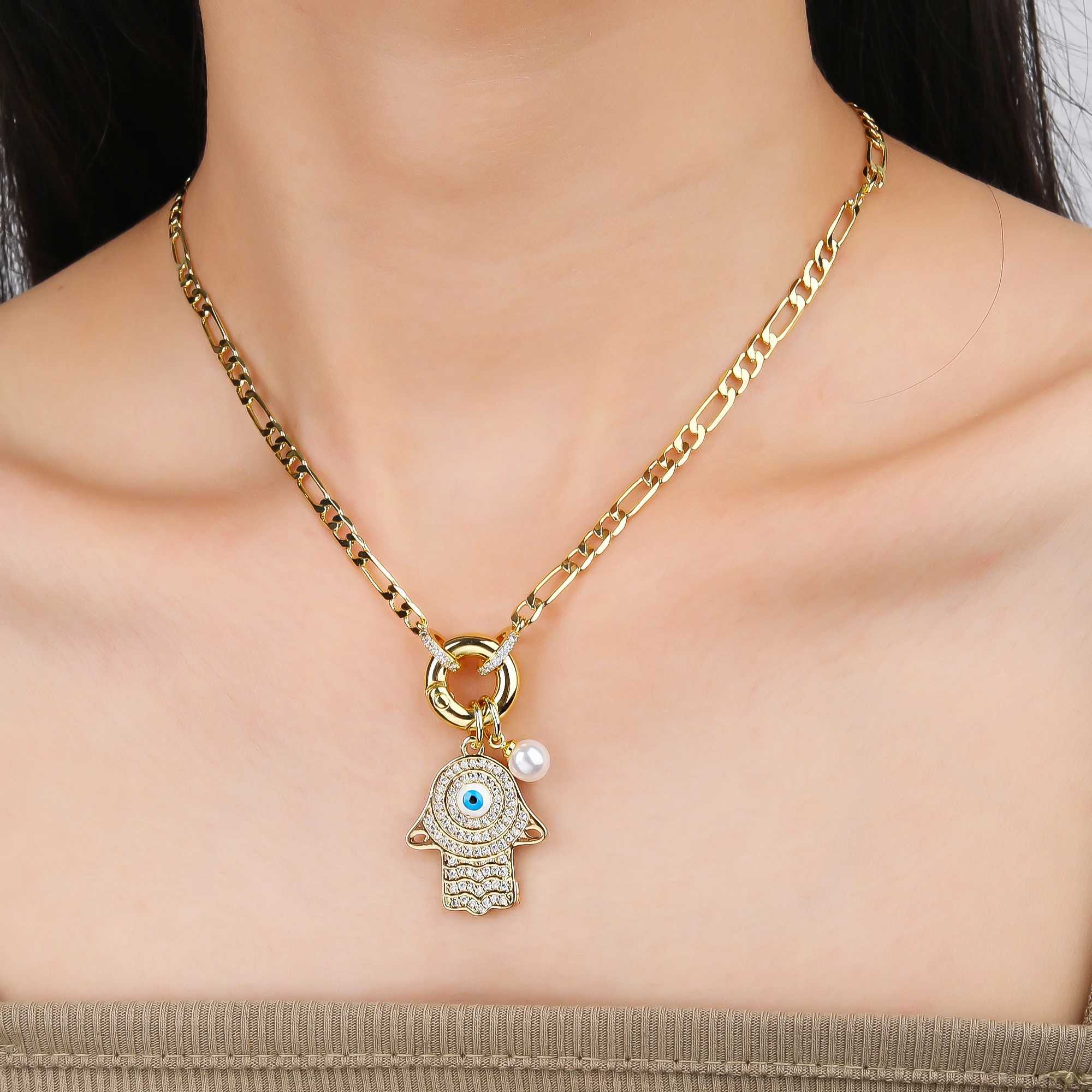 Punk Style Full Zirconia Evil Eye Palm Pearl Pendant Necklace Luxury For Men Women Daily Wear Clavicle Chain Jewelry Party Gift Y250605