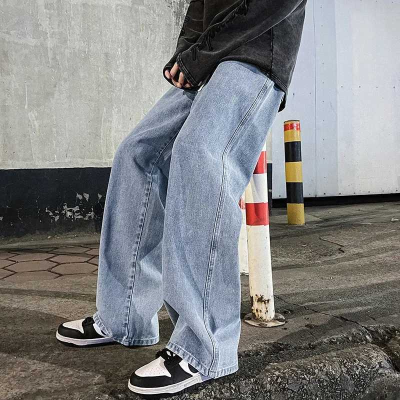 2025 New Mens Fashion Jeans Baggy Wide Leg Black Denim Pants Strtwear Fashion Korean Loose Straight Elastic Waist TrousersC250606