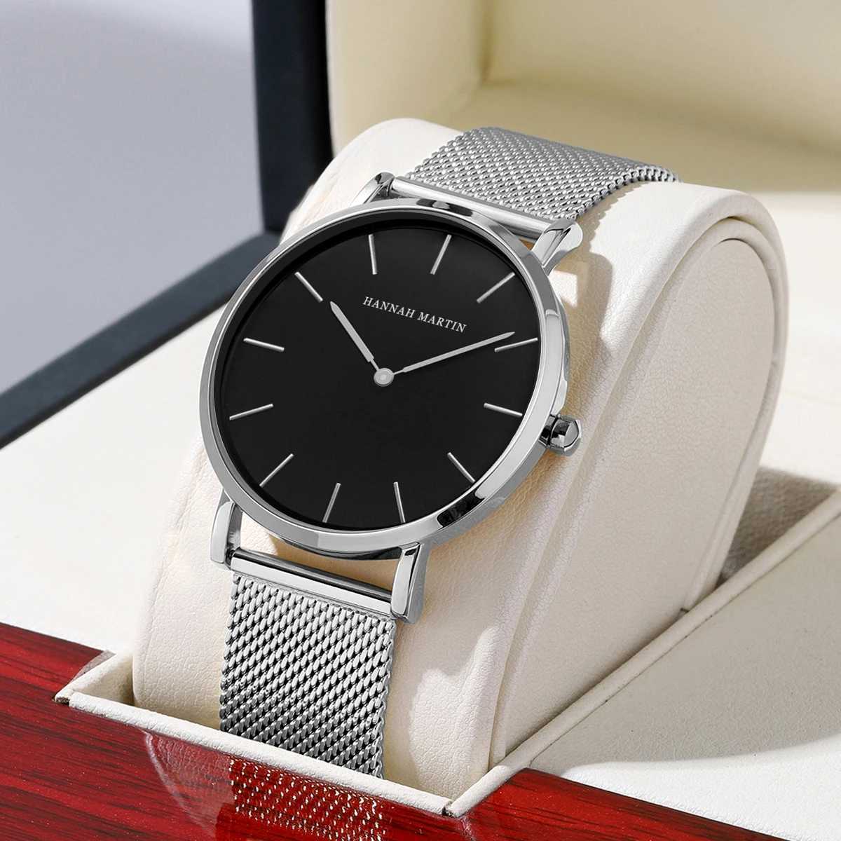 Japanese Quartz Movement Men Stainless Steel Mesh Watch Hannah Martin Brand Original Simple Casual Business Style Men Wristwatch Y250605