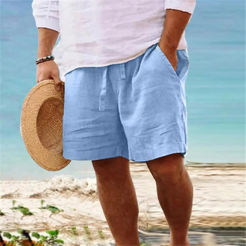 Mid-Rise Elastic Waist Drawstring Men Shorts Pockets Straight Wide Leg Knee Length Short Pants Solid Color Loose Beach Shorts 250605