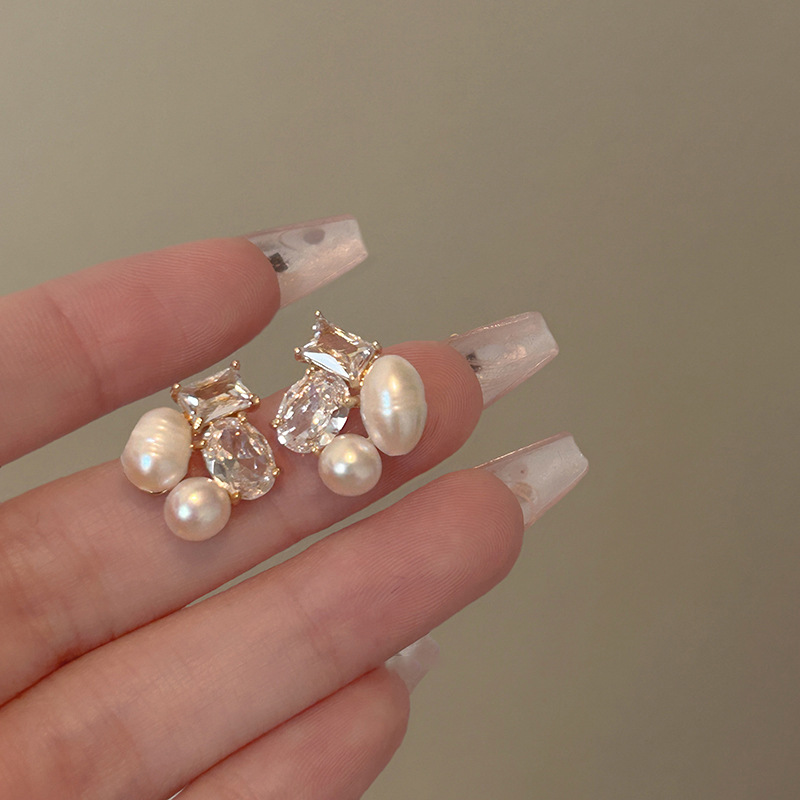 French Inspired Sophisticated Versatile Geometric Stud Earrings for Women Silver Needles Zirconia Freshwater Pearls