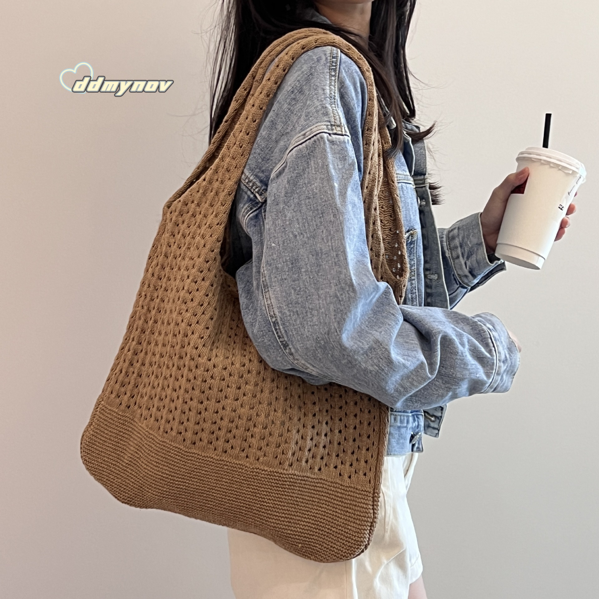 New Knitted Handwoven Tote Shoulder Women's Yarn Handbag Shopping Bag ddmynov