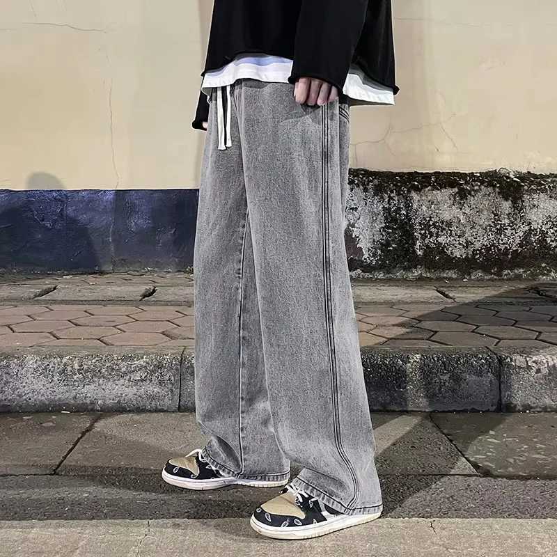 2025 New Mens Fashion Jeans Baggy Wide Leg Black Denim Pants Strtwear Fashion Korean Loose Straight Elastic Waist TrousersC250606