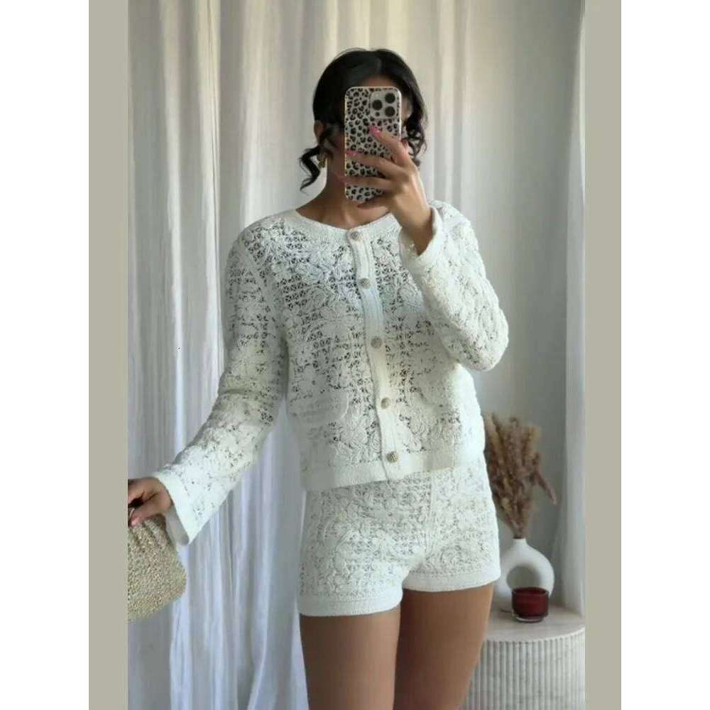 Chic Knitted Flowers Cardigan Shorts Set Women Casual Loose Hollow Out Button Tops High Waist Pants Female's Sets Spring Outfits