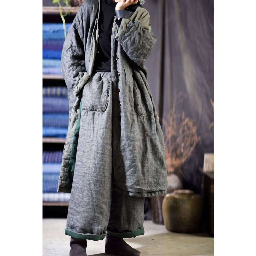 Women Linen Patchwork Thin Padded Outerwear Ladies Vintage Washed Flax Spliced Long Coat Parkas Female Topcoat