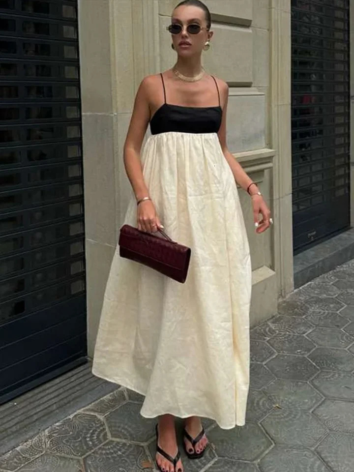 Black White Patchwork Slip Dresses Pleated Loose Color Contrast French Sexy Women Linen Suspender Long Dress Fashion Maxi Robes 250605