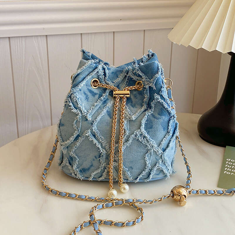 Denim Fabric Summer 2024 New Korean Fashion Patchwork Single Shoulder Internet Celebrity Women's Crossbody Bucket Bag