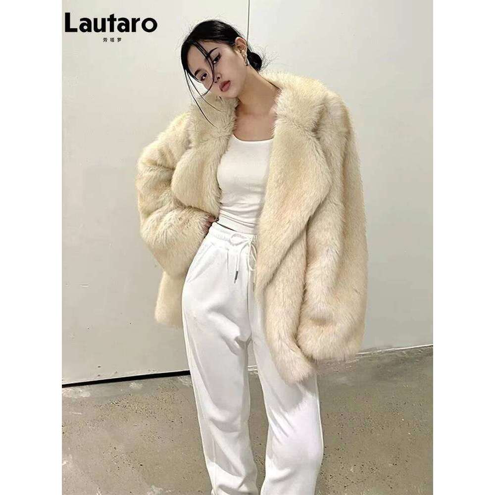 Lautaro Winter Loose Casual Thick Warm Soft Hairy Faux Fur Coat Women High Quality Furry Fluffy Jacket Korean Fashion