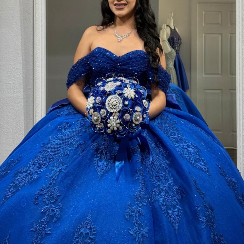 Royal Blue Shiny Quinceanera Dresses Ball Gown Off The Shoulder Applique Lace Beads Bow Tull Sweet 16 Dress Vestidos 15 De Anos