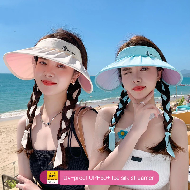 Summer ice silk streamers empty top hat Fashion shell large brim sunblock hat UV protection sunshade hat 250603