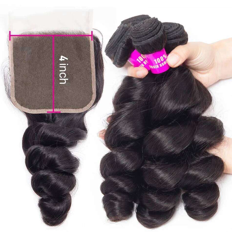 12A Peruvian Raw Virgin Unprocessed Human Hair With 4X4 Loose Wave Bundles And Closure Natural Black Color