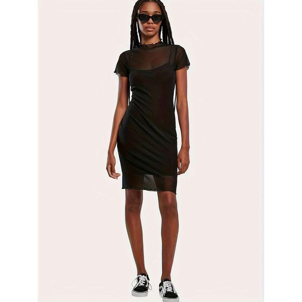 New Mesh Solid Color Two-Piece Short Sleeve Dress B5