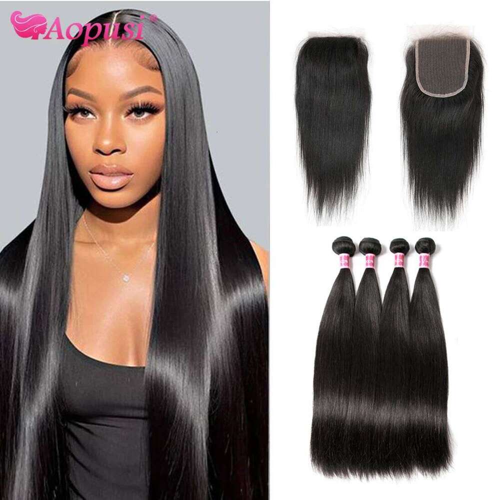 Aopusi 8-30 Inch Straight Bundles Closure Brazilian Remy Human Hair Extension With 4X4 Lace Jet/Natural Black