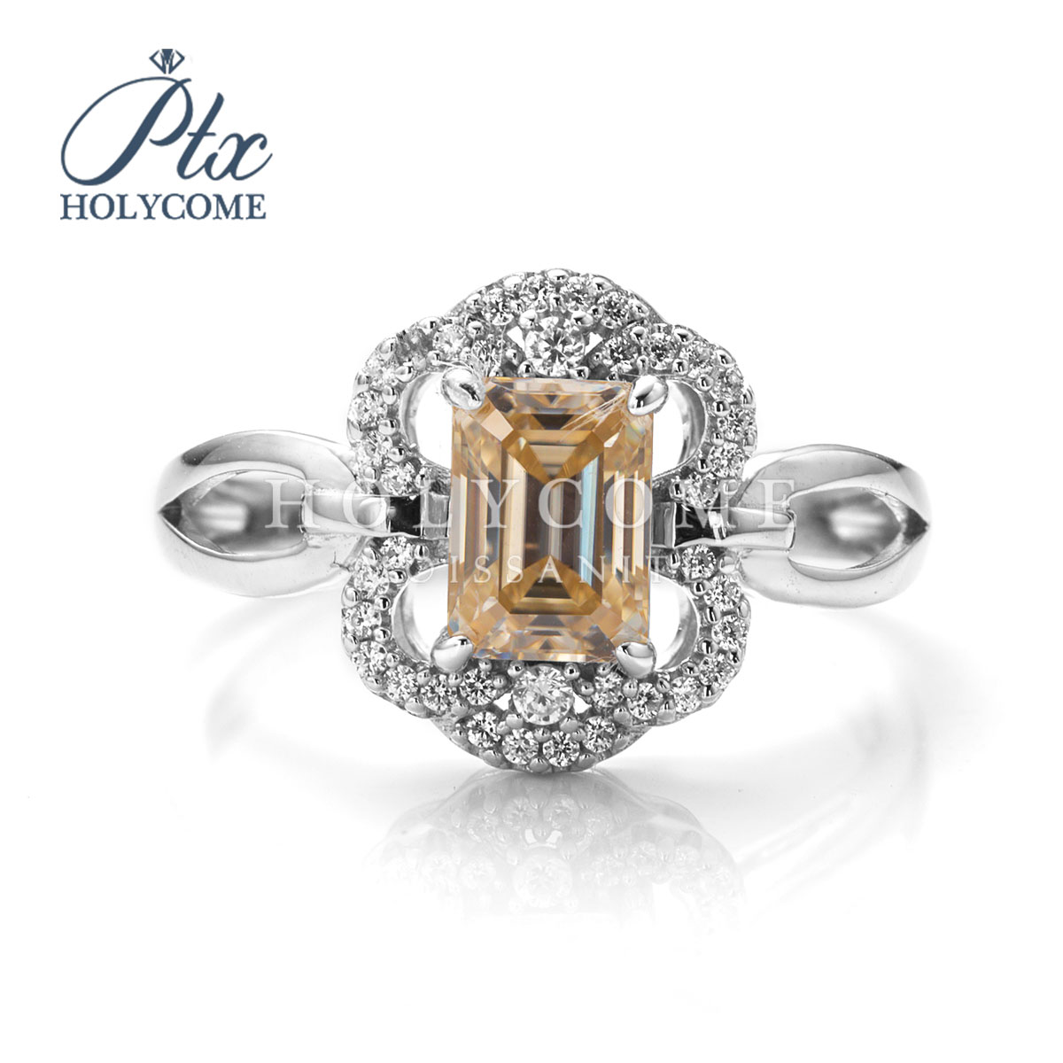 Wholesale High Quality Women Bulk Fashion Flower S925 Silver Champagne 5x7mm 1ct Luxury Emerald Cut Diamond Moissanite Ring