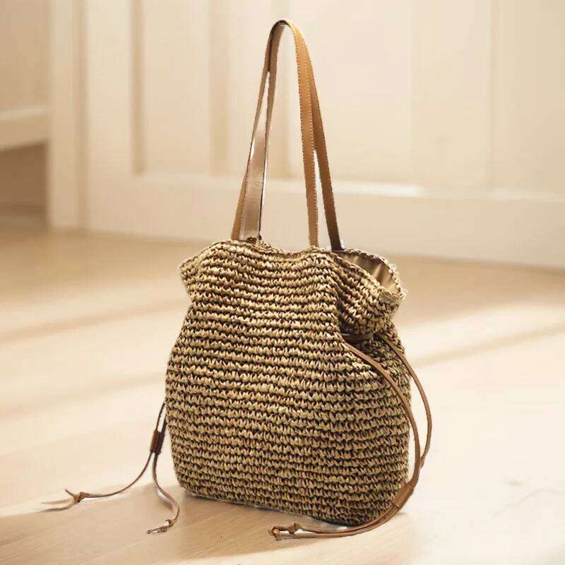 Large capacity tie-up hook handbag summer beach women knitted shoulder Raffia Woven bag