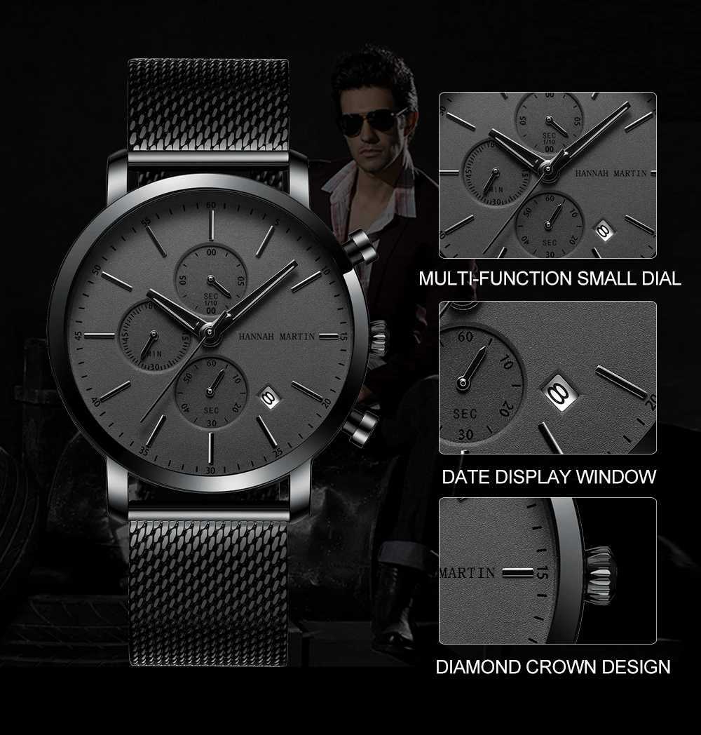 Hannah Martin Multifunctional Sports Mens Watch Black Dial Stainless Steel Waterproof Calendar Quartz Mens Clock Watches Y250605