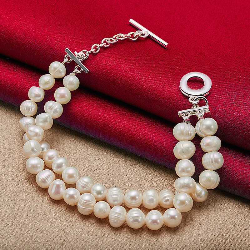 SHSTONE 925 Sterling Silver Double Artificial Pearls Chain Bracelet For Women Wedding Accessories Party Birthday Fashion Jewelry W250606