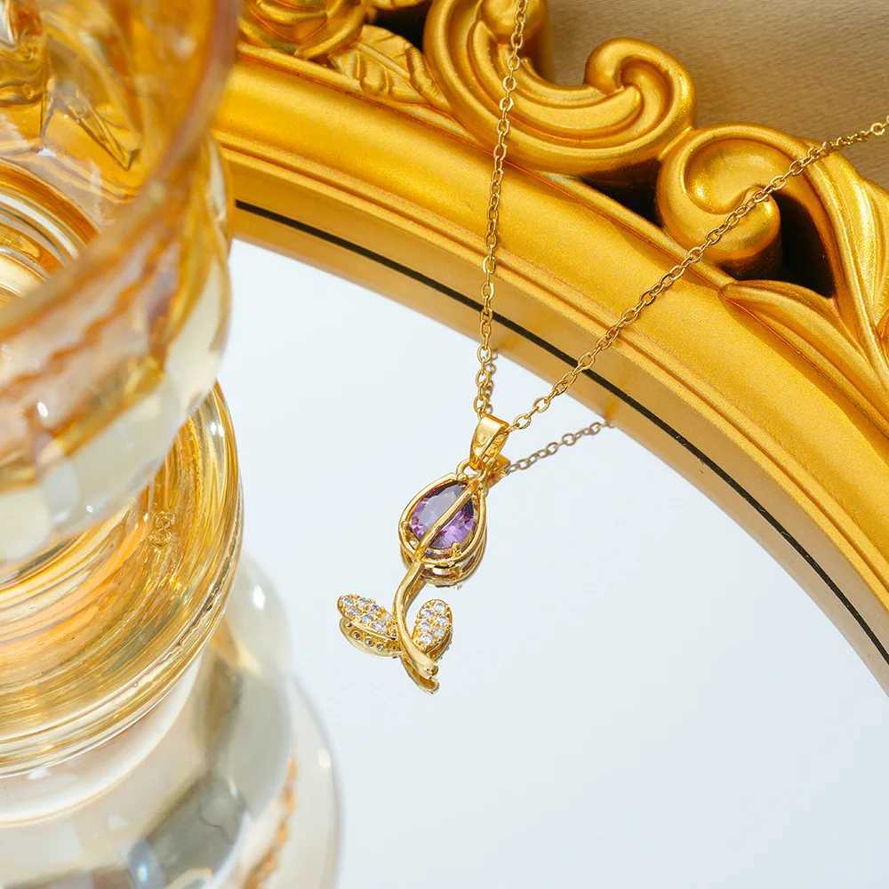 Colorful Zircon Tulip Pendant Necklaces for Women Girls Stainless Steel Chain Trendy Romantic Jewelry Accessories Gifts Y250605