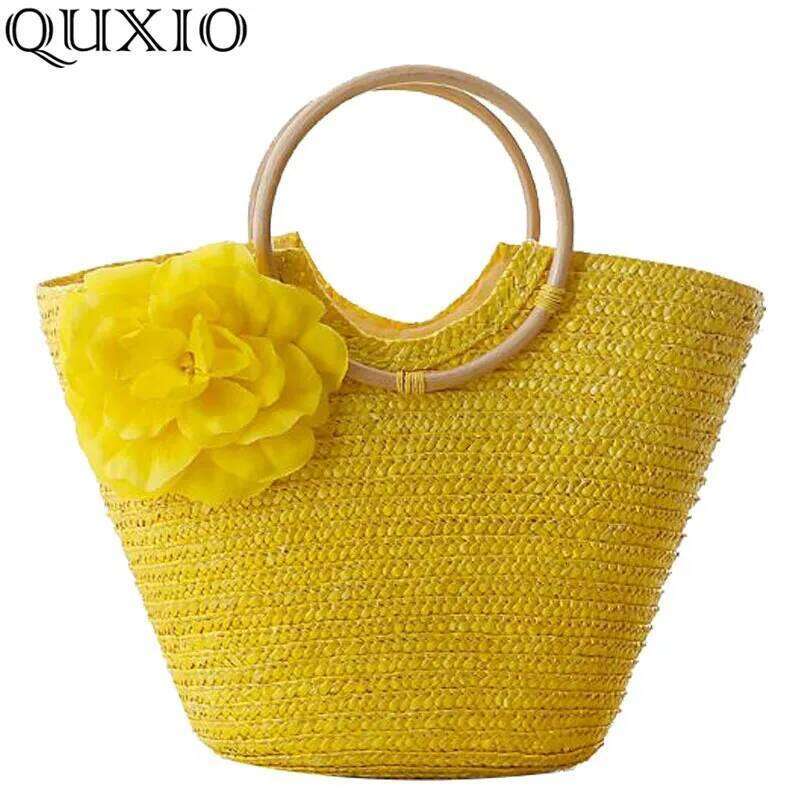 New Rattan Handle Woven Flowers Straw Leisure Vacation Tote Beach Bag For Women Handbags Designer Mxh01