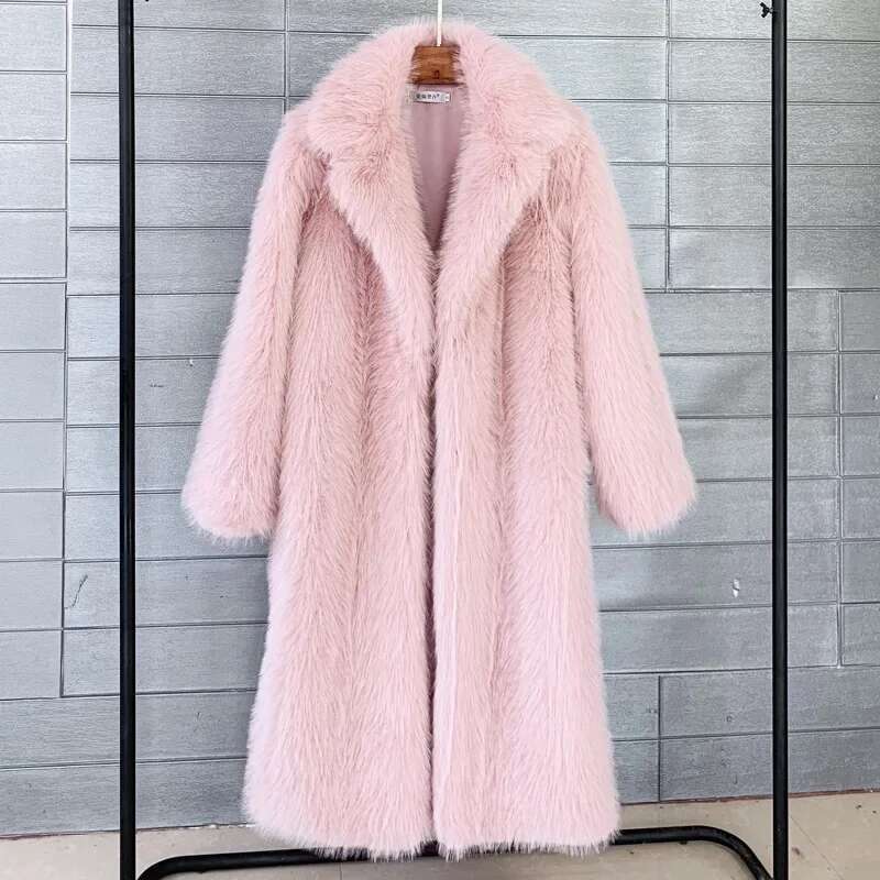 White Long Faux Fur Women Autumn Winter Large Jacket Overcoat Turn Down Collar Pockets Thick Coat Warm Jackets Maxi Coats luanyun
