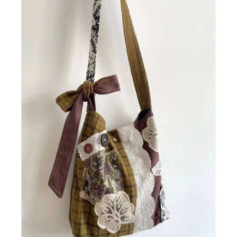 Vintage Lace Large Capacity Handbag Women Retro Patchwork Canvas Casual Shoulder Ladies Versatile Y2k Bags