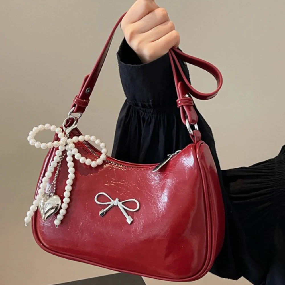 Burgundy Bow One Shoulder Bag for Women Chic High Grade Texture Zipper Armpit Bags Daily Working Commute Crossbody Packs 250605