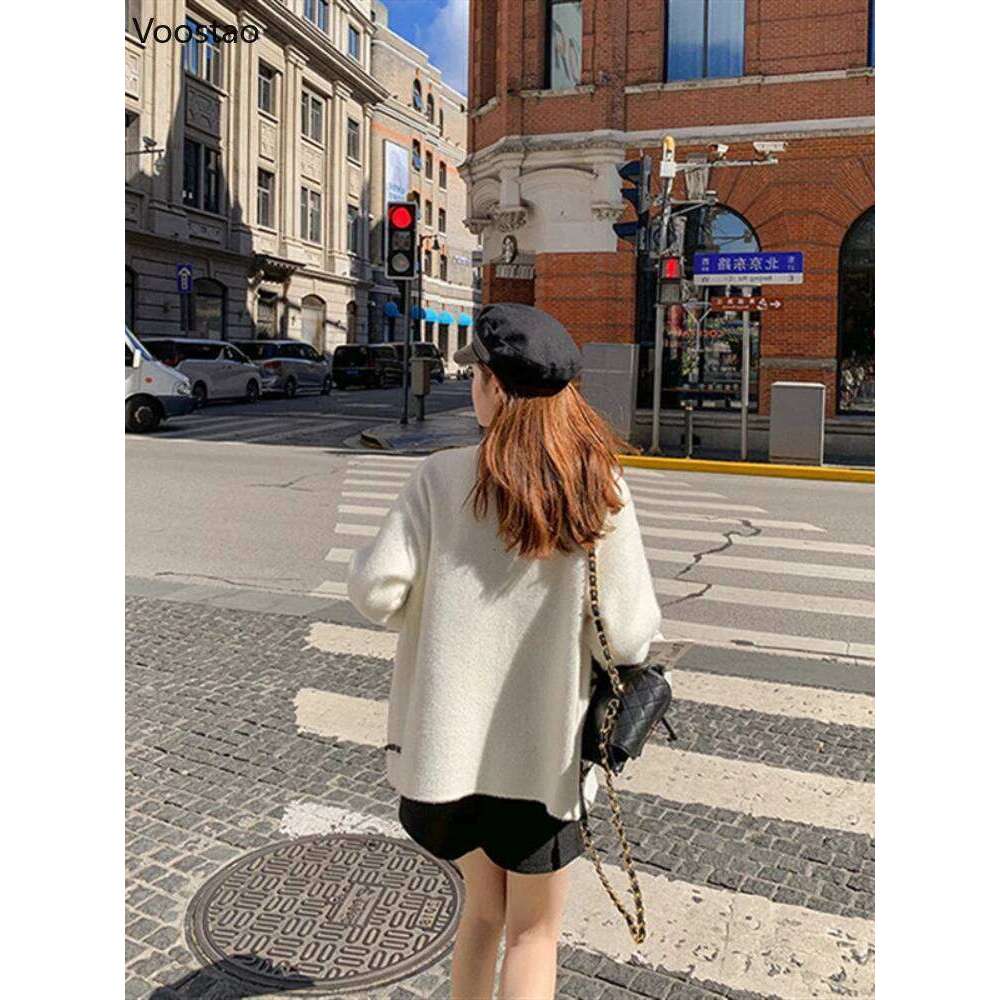 White Mink Cashmere Sweater Coat Women Autumn Winter Lazy Style Korean Retro Black Loose O-Neck Knitted Cardigan Fashion Outwear