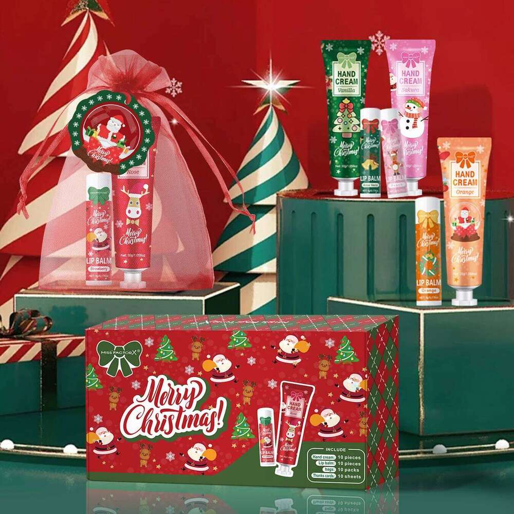 Christmas kit-10 sets/box hand cream kit, lip balm set, with Santa Card and red bag, party gift distribution free shipping