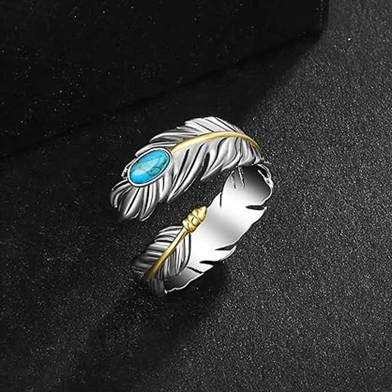 Huitan Bohemia Feather Design Finger Ring for Men/Women Two Tone Plate Oval Imitation Turquoise Stone Couple Rings Trend Jewelry W250606