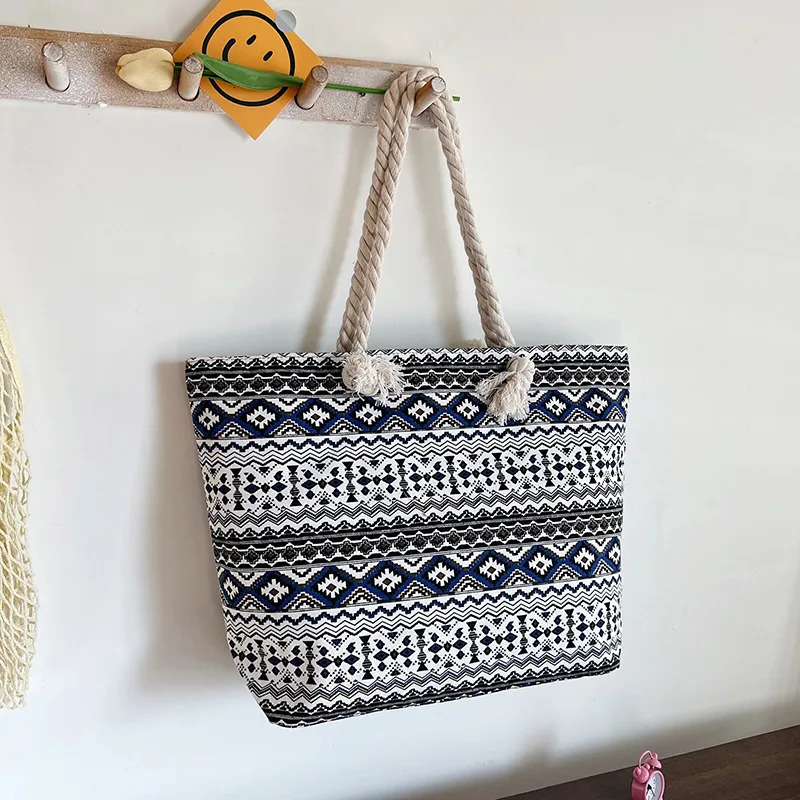 Womens Shoulder Bag Summer Beach Tote Handbag Printing Pattern Canvas Shopping Bags Casual Bucket Female Outdoor Pocket 250605