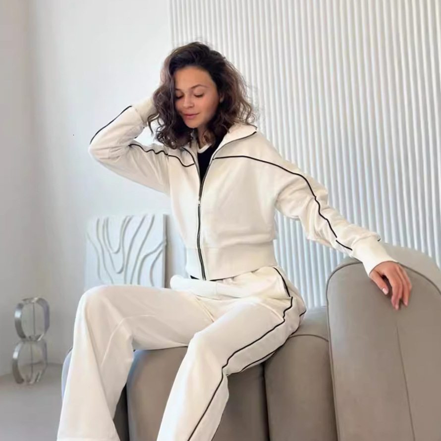 New Autumn Casual Suit for Women Long Sleeve Zipper Sweatshirt Jacket Striped Elastic Pants Two-Piece Set