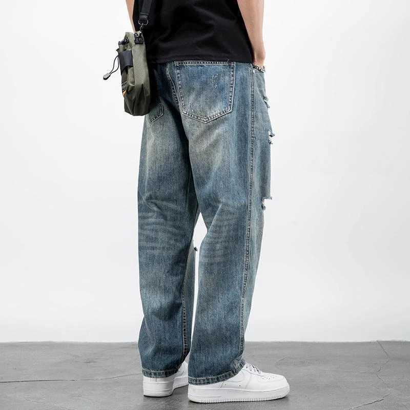 Mens Jeans Broken Straight Trousers Ripped with Holes Loose Torn Wide Leg Male Cowboy Pants Baggy 2024 Korean Autumn New in Xs Z250605