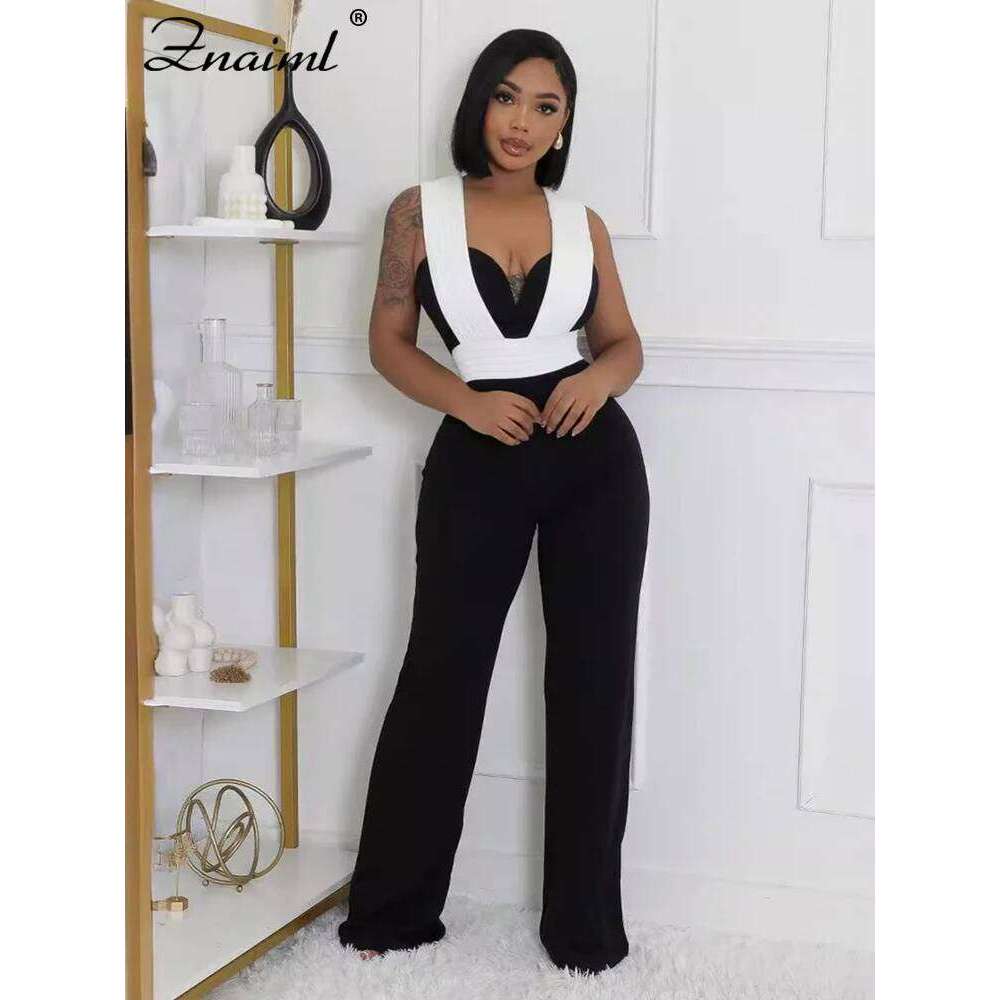 Znaiml Black White Patchwork Wide legs Jumpsuit Women Sleeveless Cut Out Loose Rompers Elegant Evening Party One Pieces Outfits