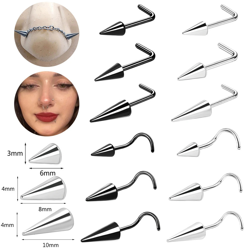 ZS 20G Black Spike Nostril Piercings Stainelss Steel Cone Nose Studs Doule Nose Piering Jewelry Long Spike Nostril Ring Chain 250605