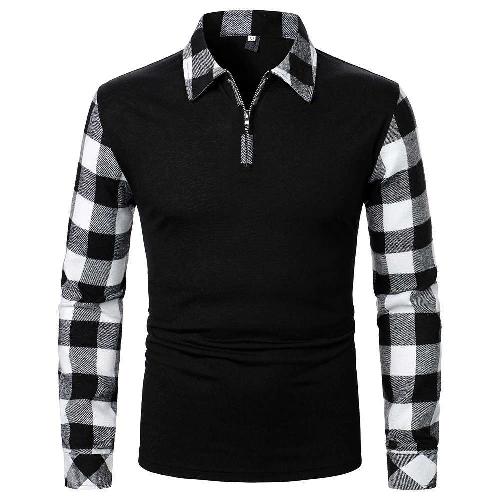Men Polo Shirt Long Sleeve Top Plaid Matching Business Wear Clothing Casual Fashion Tops 250527