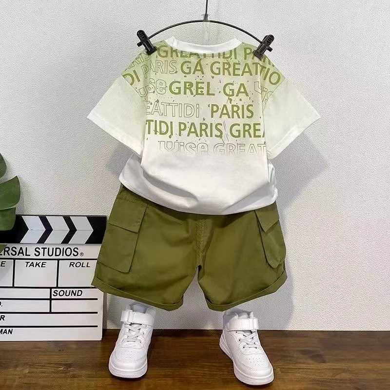 Boys Summer Outfit Fashion Letter Graffiti Short Sleeved Pullover T-Shirt+ket Pants 2PCS Clothes Kids New Boutique Sport Set R250606