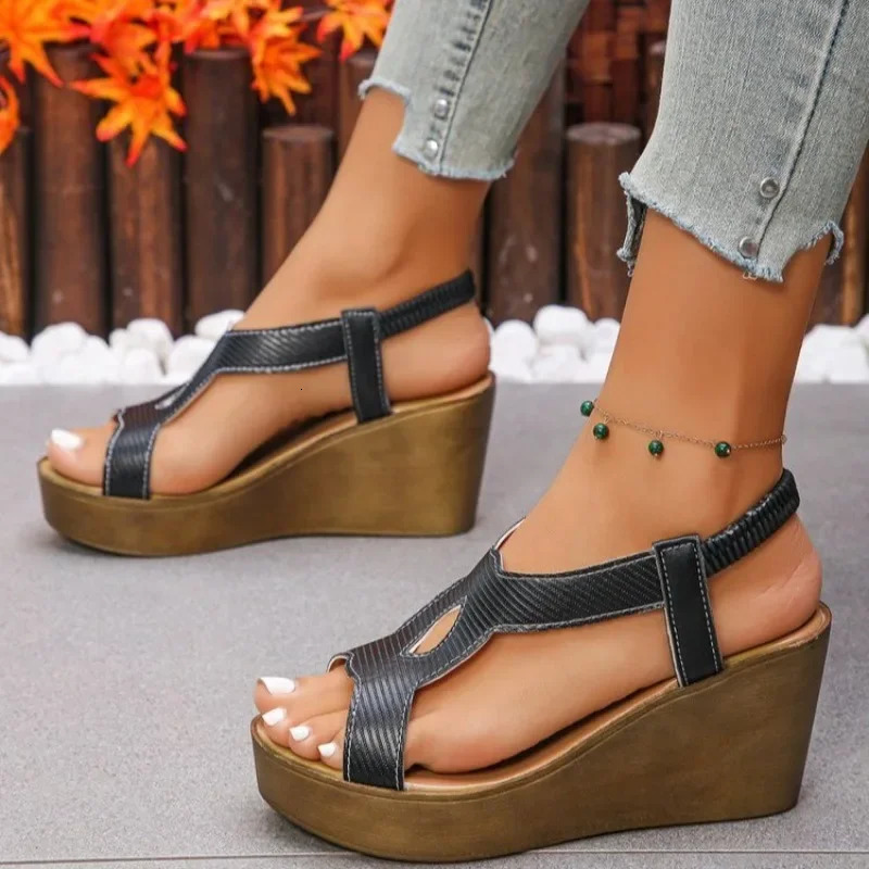Wedge Sandals for Women Summer 2025 Comfortable Non Slip Beach Shoes Woman PU Leather Platform Roman Sandalias Mujer 250605