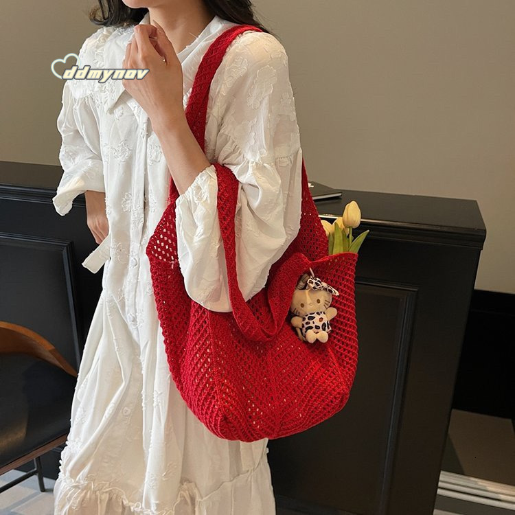 Cotton Thread Woven for Women 2025 New Knitted Hollow Shoulder Tote Lazy Style Beach Vacation Bag ddmynov