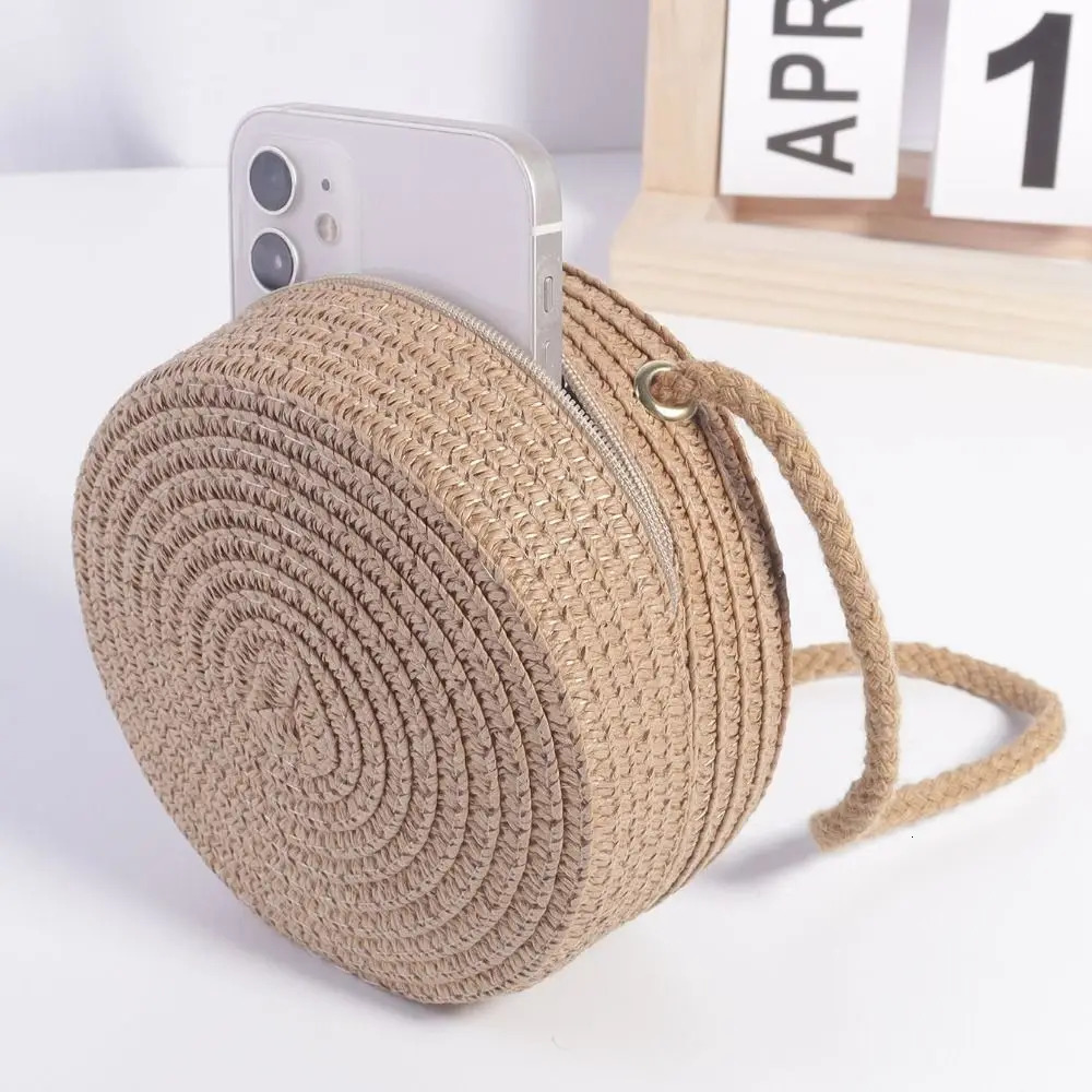 Mini Lace Bow Straw Bag Handwoven Round Summer Beach Zipper Lightweight Kids Crossbody Purse 250605